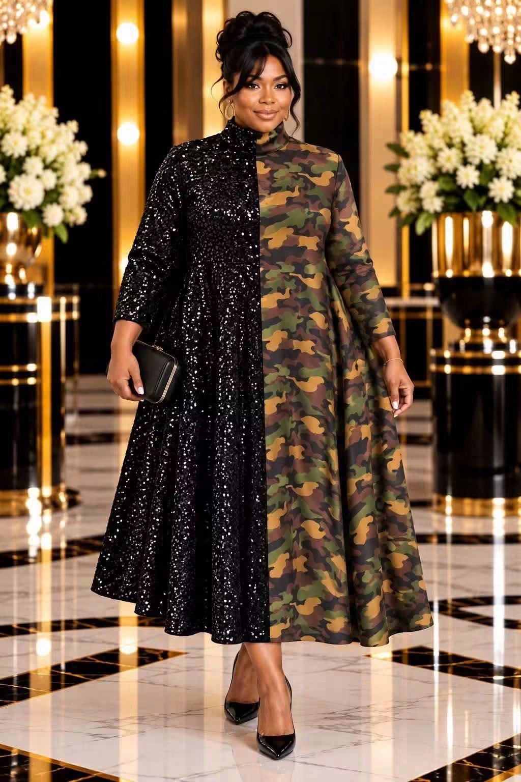 SPLIT SEQUENCE COMBO MIDI DRESS