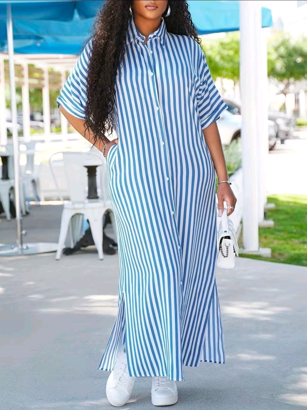 STRIPED OUT BUTTON DOWN DRESS