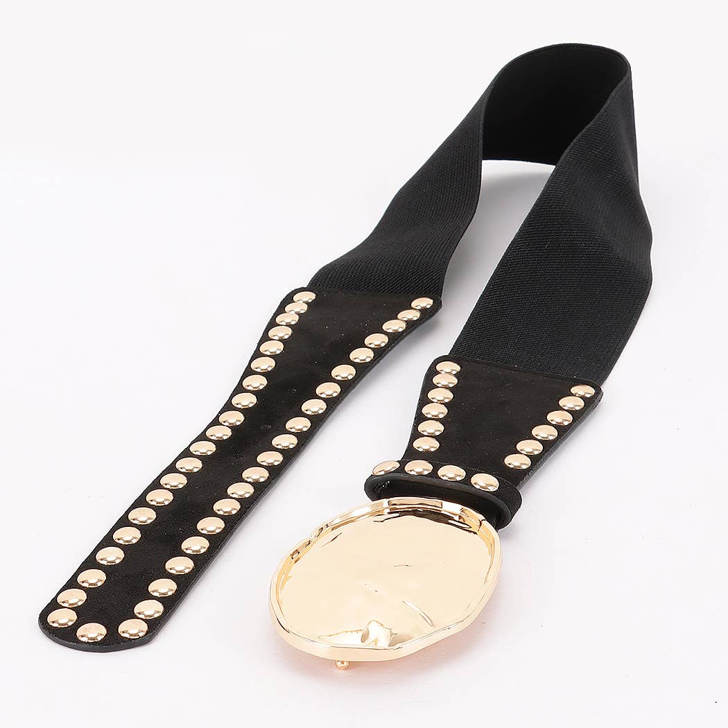 Hammered Metal Buckle Studded Faux Suede Elastic Belt
