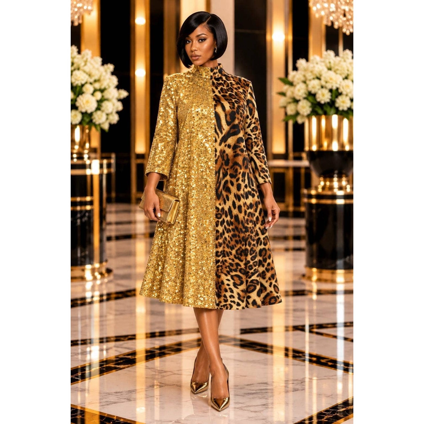 SPLIT SEQUENCE COMBO MIDI DRESS