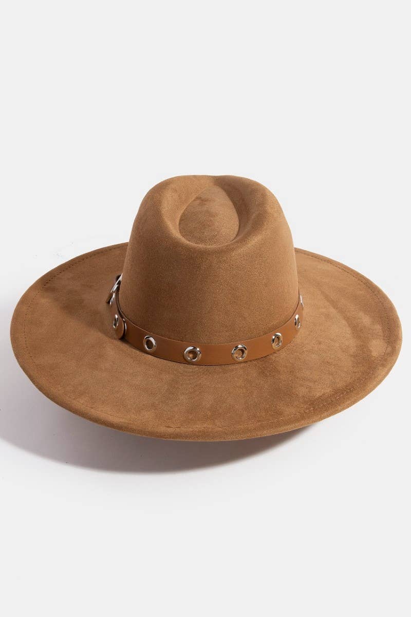 Heart Buckle Grommet Strap Suede Fedora Hat