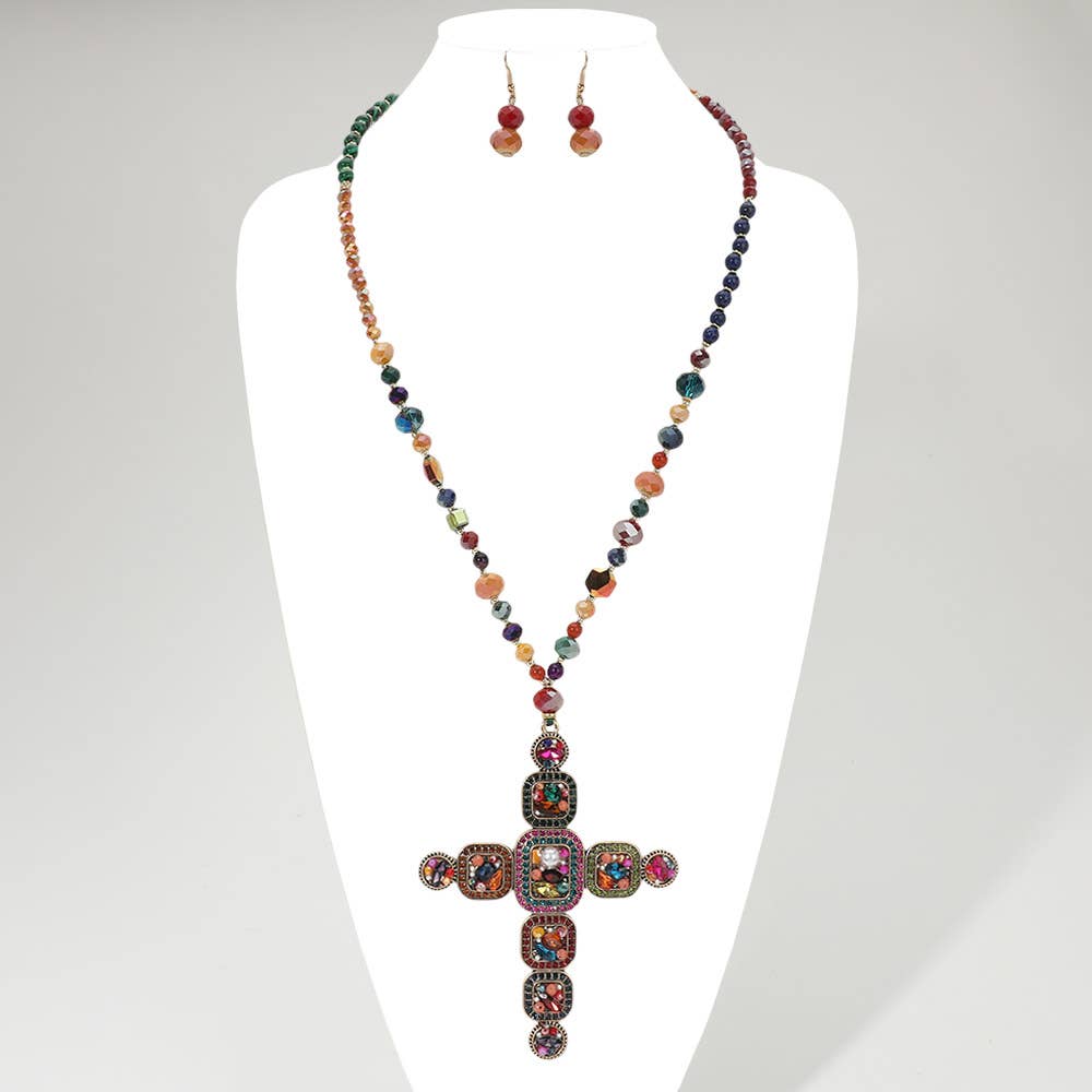 Stone Pearl Embellished Cluster Cross Pendant Faceted Beaded Long Necklace