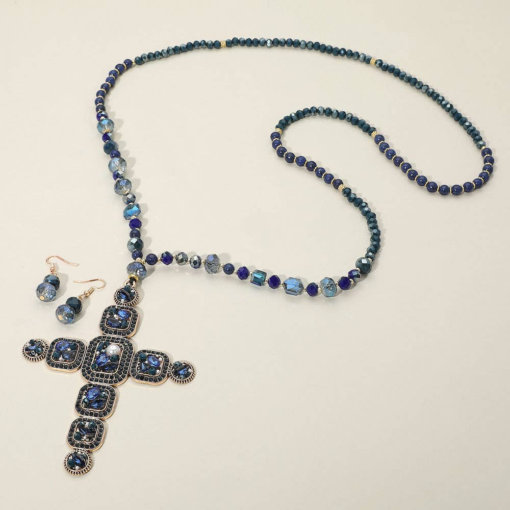 Stone Pearl Embellished Cluster Cross Pendant Faceted Beaded Long Necklace
