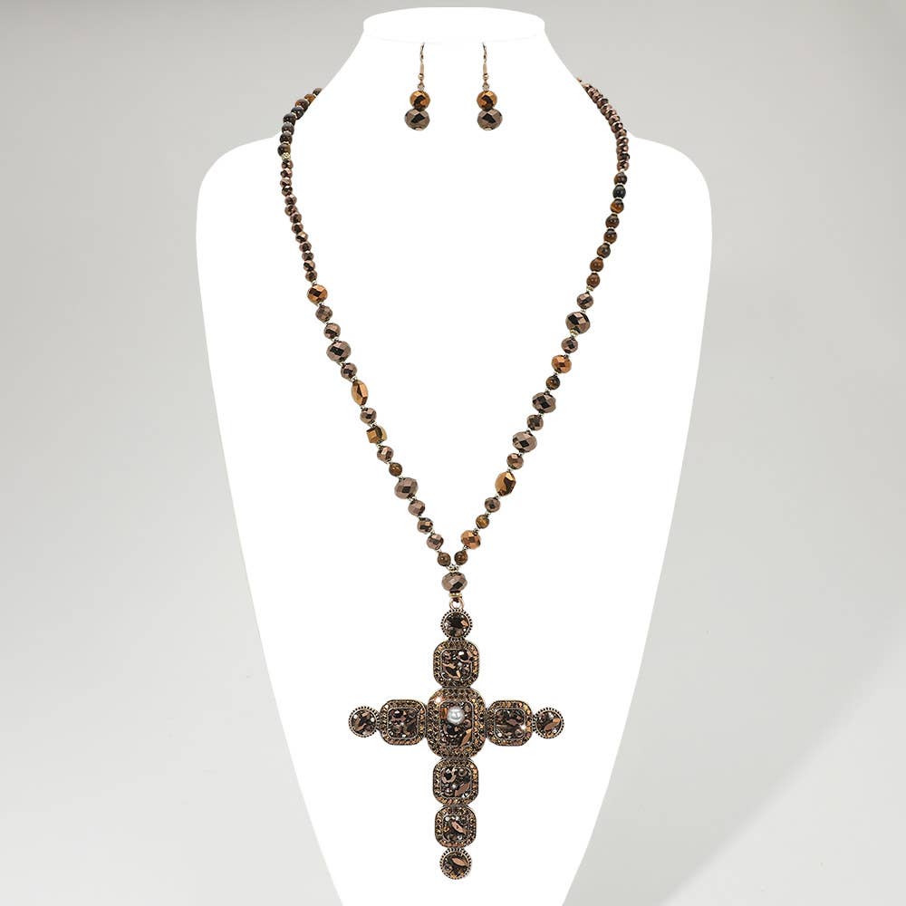 Stone Pearl Embellished Cluster Cross Pendant Faceted Beaded Long Necklace