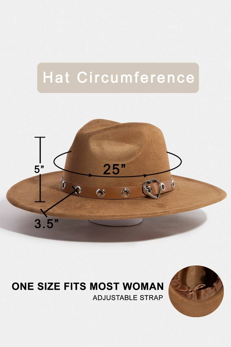 Heart Buckle Grommet Strap Suede Fedora Hat