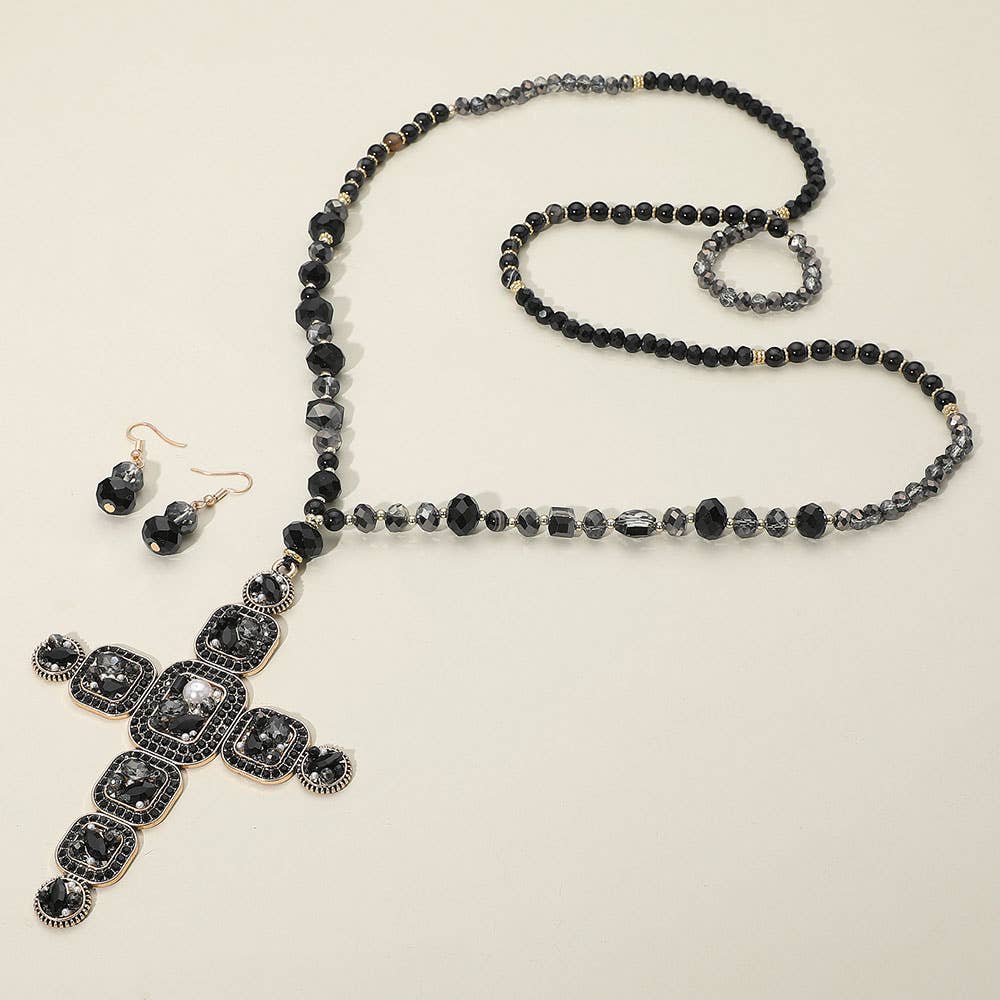 Stone Pearl Embellished Cluster Cross Pendant Faceted Beaded Long Necklace