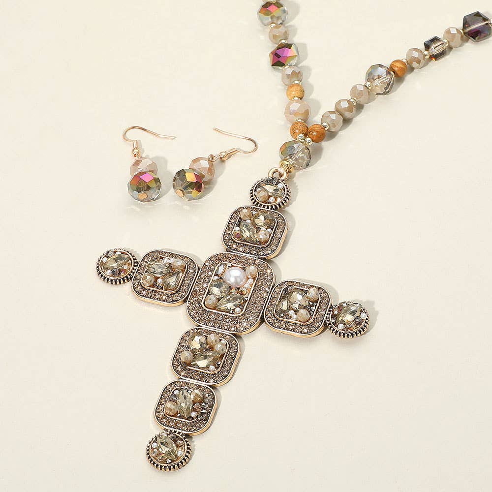 Stone Pearl Embellished Cluster Cross Pendant Faceted Beaded Long Necklace