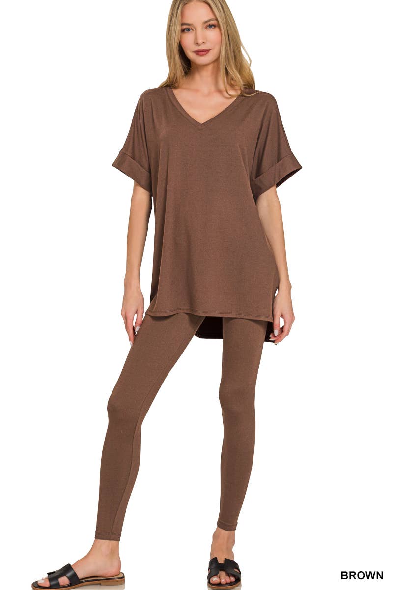 Brushed Dty Microfiber Loungewear Set: BROWN / 1-1-1-1 (S-M-L-XL)