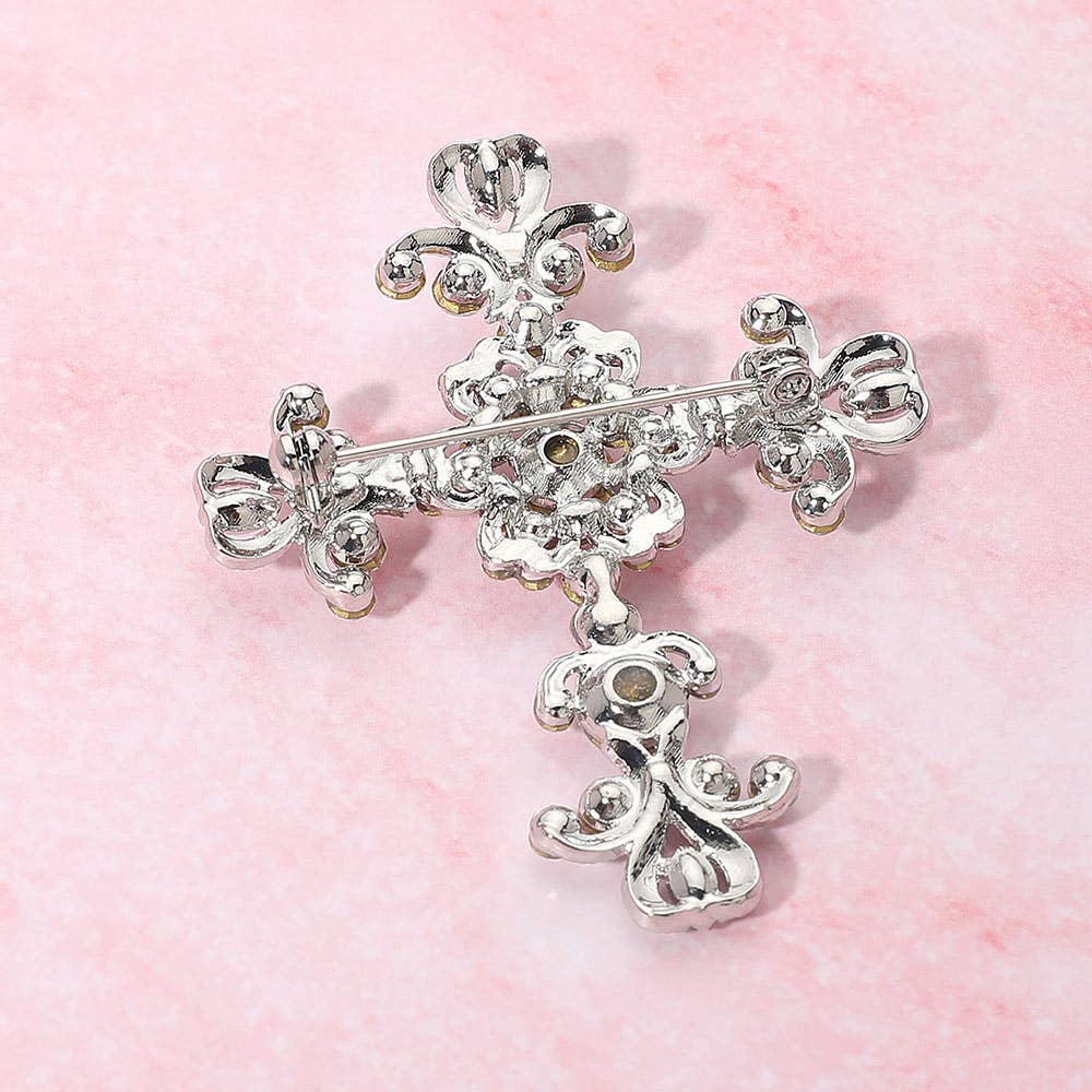 Elegant Stone Embellished Cross Pin Brooch
