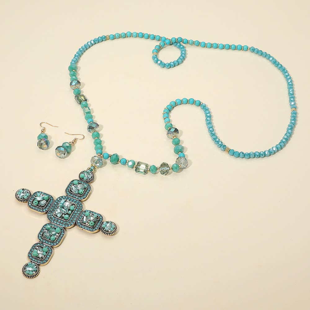Stone Pearl Embellished Cluster Cross Pendant Faceted Beaded Long Necklace