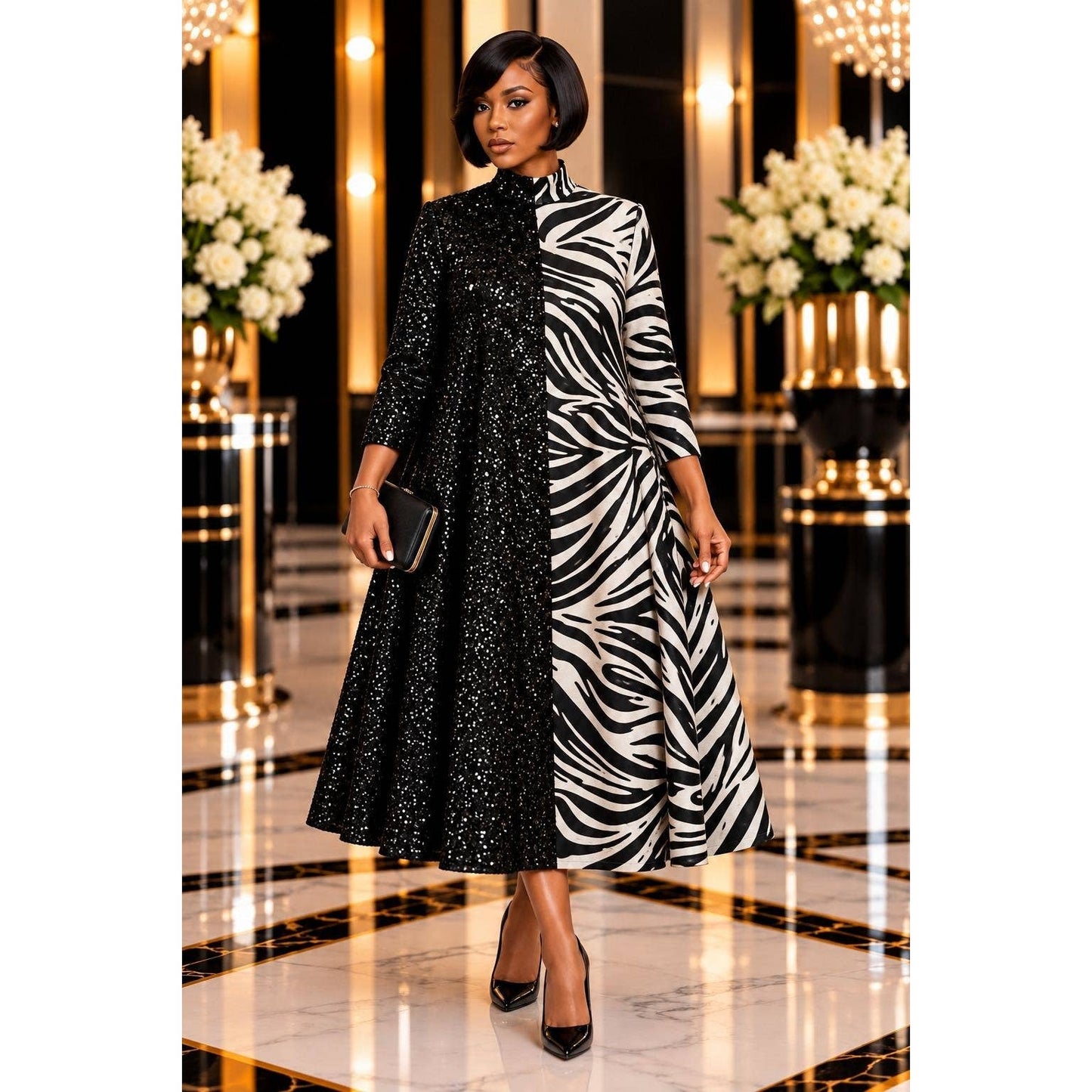SPLIT SEQUENCE COMBO MIDI DRESS