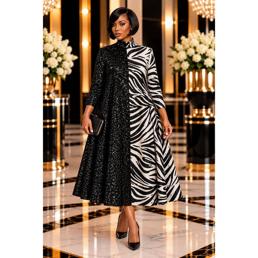 SPLIT SEQUENCE COMBO MIDI DRESS