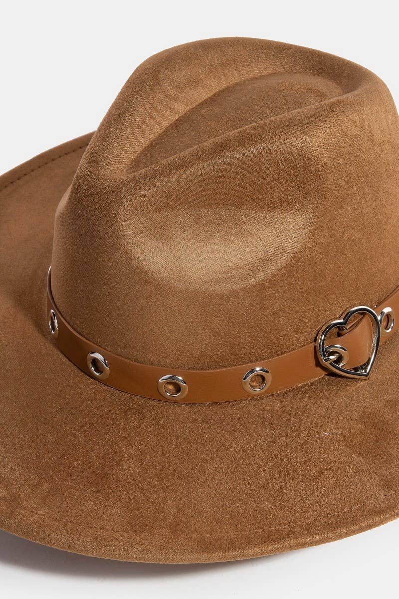 Heart Buckle Grommet Strap Suede Fedora Hat