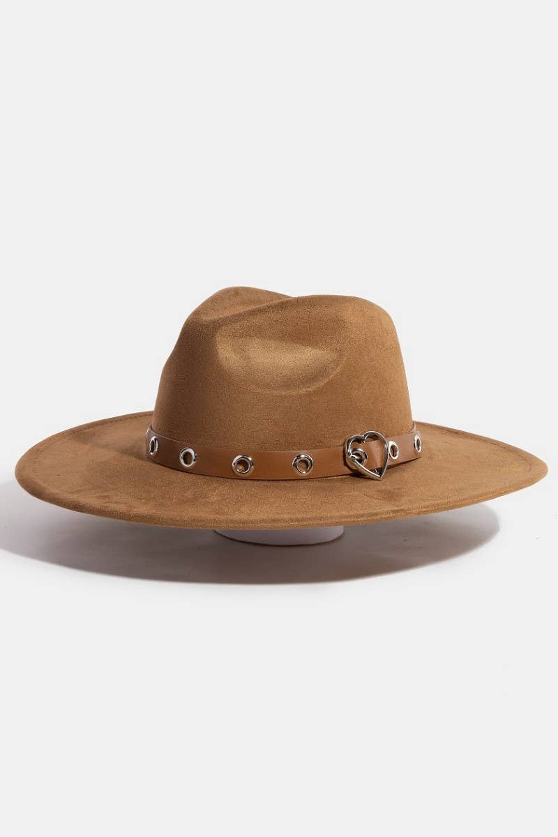Heart Buckle Grommet Strap Suede Fedora Hat