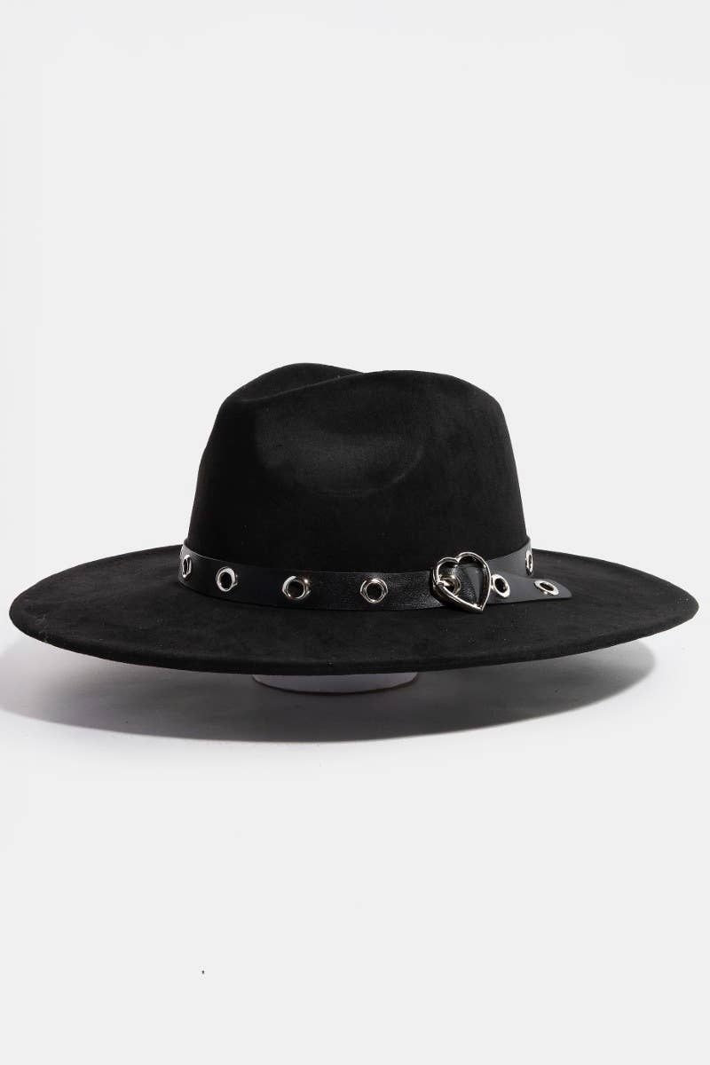 Heart Buckle Grommet Strap Suede Fedora Hat