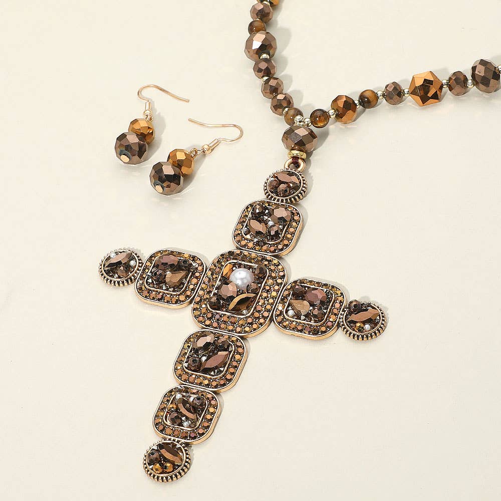 Stone Pearl Embellished Cluster Cross Pendant Faceted Beaded Long Necklace