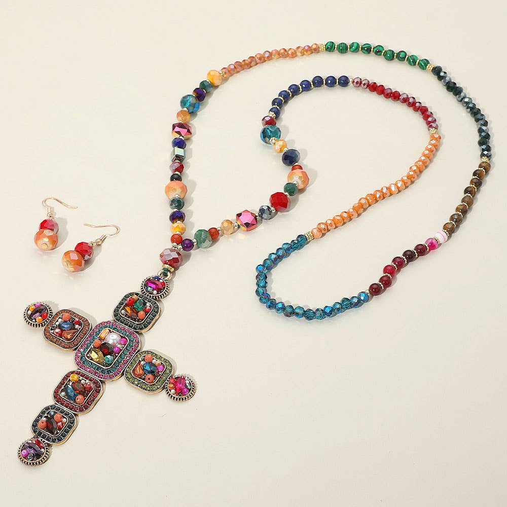 Stone Pearl Embellished Cluster Cross Pendant Faceted Beaded Long Necklace