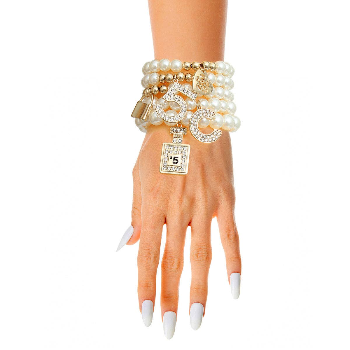 Cream Pearl No. 5 Boutique Charm Bracelets: Cream / Gold / Stretch to Fit