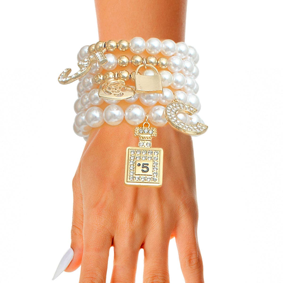 Cream Pearl No. 5 Boutique Charm Bracelets: Cream / Gold / Stretch to Fit