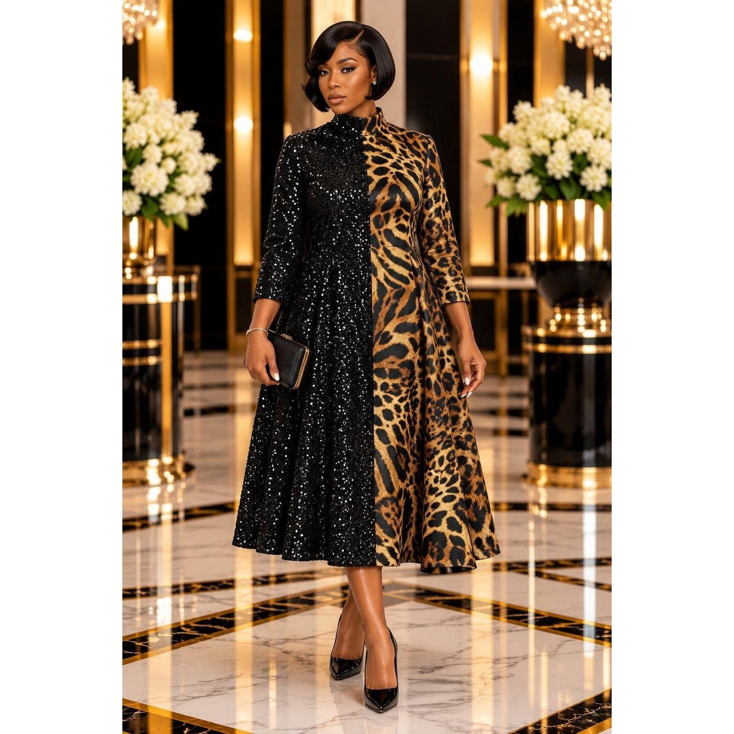 SPLIT SEQUENCE COMBO MIDI DRESS
