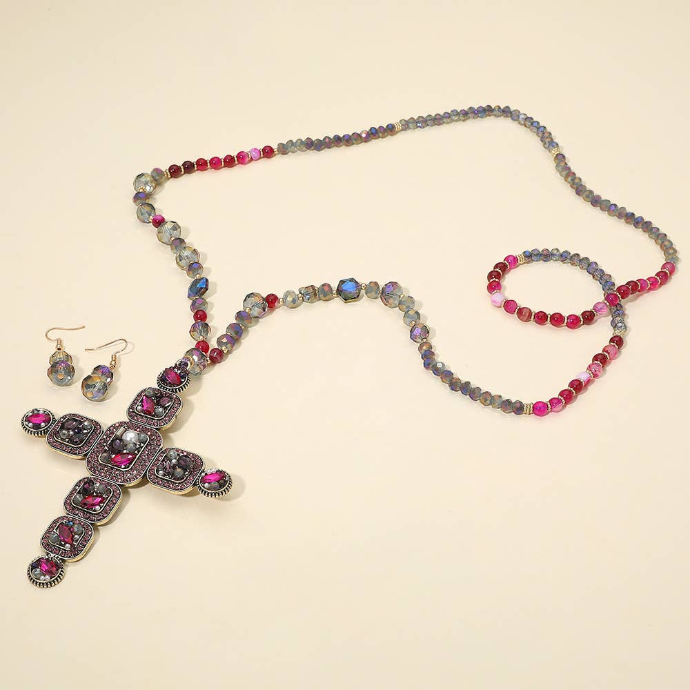 Stone Pearl Embellished Cluster Cross Pendant Faceted Beaded Long Necklace