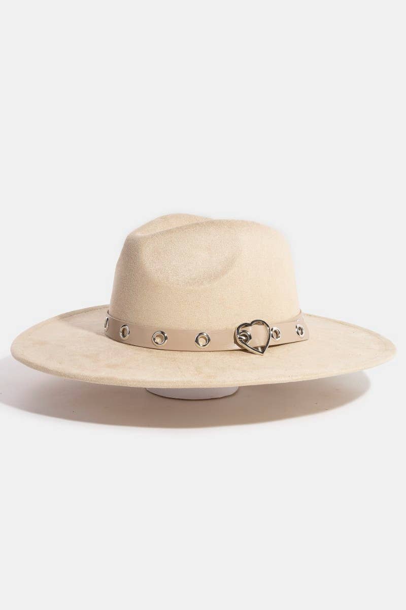 Heart Buckle Grommet Strap Suede Fedora Hat