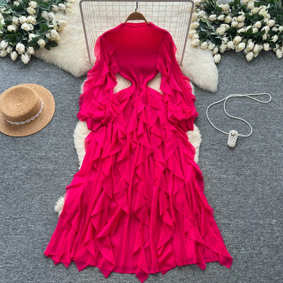 The Royal Pleated Ruffle Maxi Dress