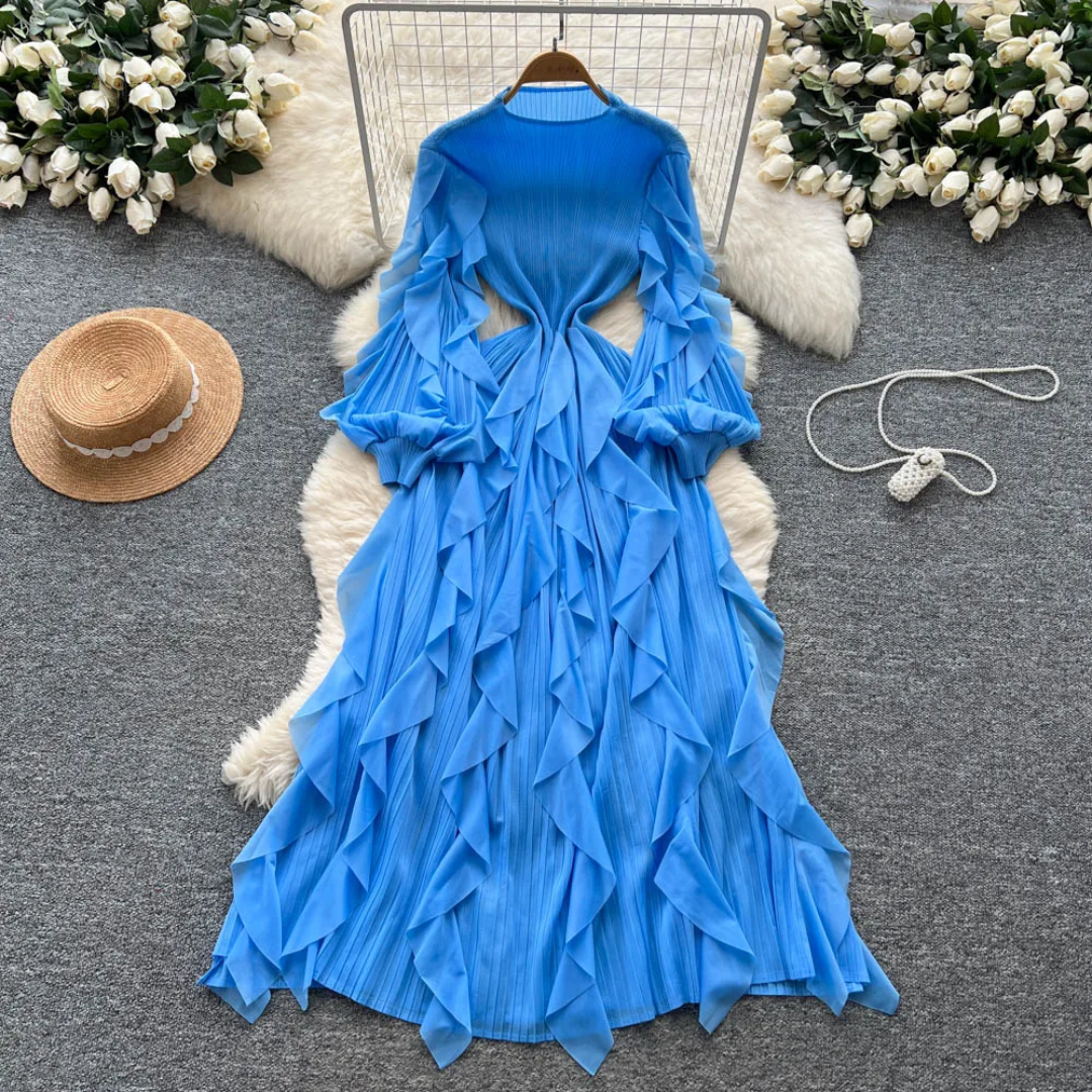 The Royal Pleated Ruffle Maxi Dress