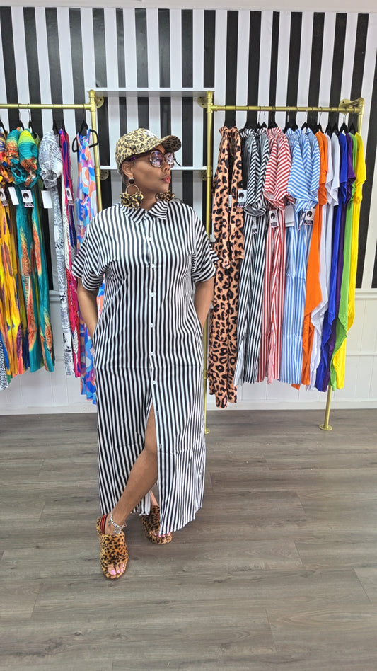 STRIPED OUT BUTTON DOWN DRESS