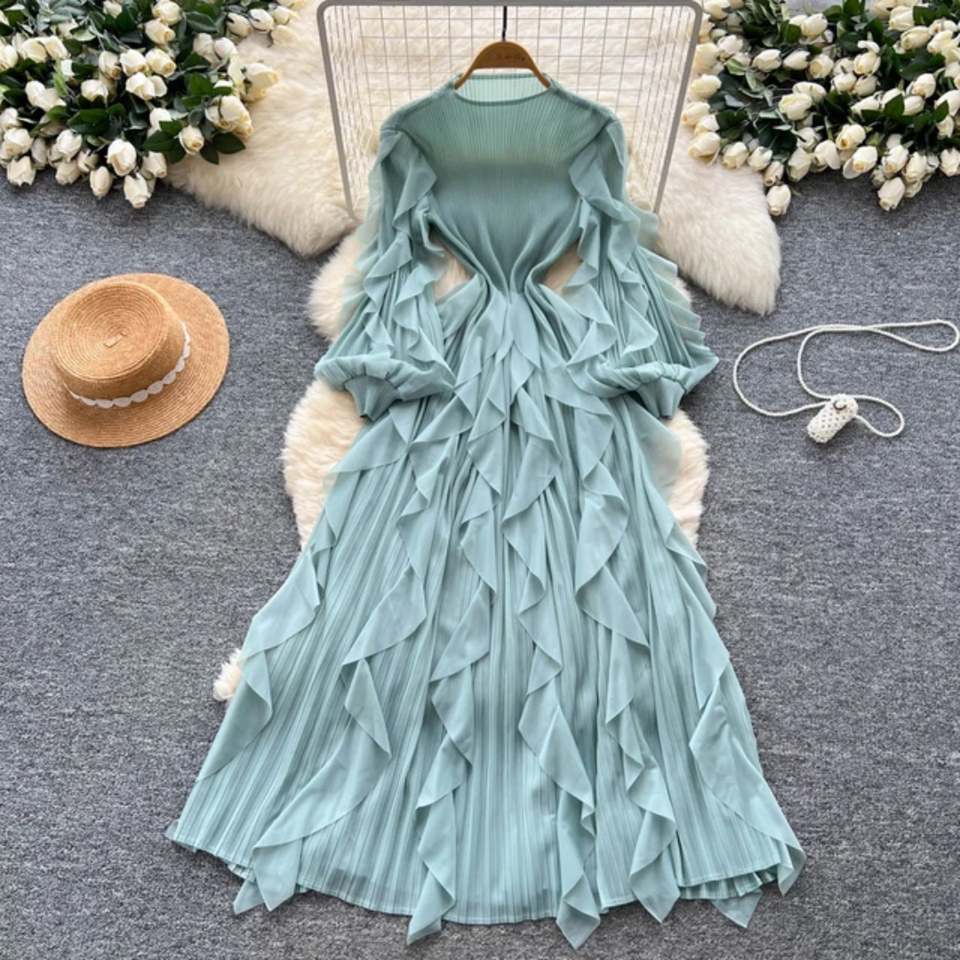 The Royal Pleated Ruffle Maxi Dress