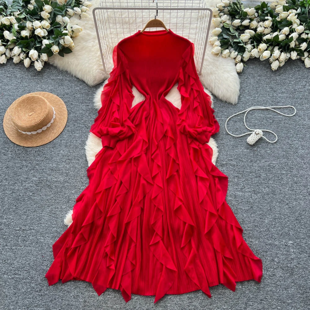 The Royal Pleated Ruffle Maxi Dress