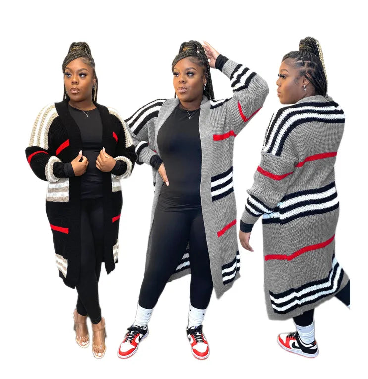 STRIPED PRINT SOFT KNIT SWEATER DUSTER