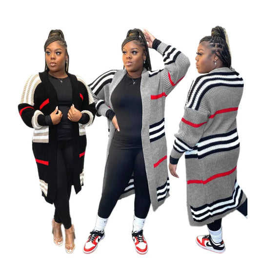 STRIPED PRINT SOFT KNIT SWEATER DUSTER